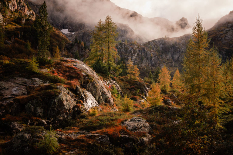 Ambiance automnale myst&eacute;rieuse aux abords du lac d&rsquo;&Eacute;mosson, Valais suisse, avec m&eacute;l&egrave;zes dor&eacute;s, rochers et brumes envoutantes